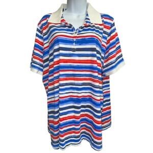 Woman Within Polo Top 26/28 Red White Blue Stripe Cotton Stretch Short Sleeves